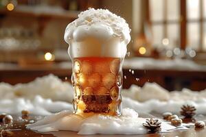 Foamy Beer Overflowing in Rustic Bar Scene with Pine Cones for Autumn Holiday Design photo