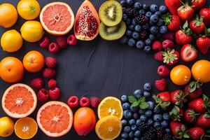 Colorful Array of Fresh Fruits with Citrus, Berries, and Pomegranate on Dark Background for Healthy Living photo