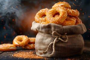 Rustic Freshly Baked Bagels with Poppy Seeds in a Burlap Sack photo