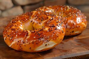 Freshly Baked Pretzels with Sesame Seeds on Wooden Background - Perfect for Food Blogs and Menus photo
