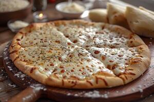 Cheese Pizza on Wooden Board with Sliced Mozzarella and Parmesan photo
