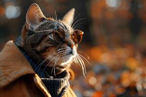 Stylish Cat in Sunglasses and Coat Enjoying Autumn Sunshine photo
