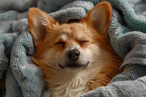 Cozy Corgi Relaxing in Soft Blanket for Comfortable Winter Snuggles photo