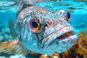 Vibrant Underwater Close-Up of Colorful Tropical Fish in Crystal Clear Ocean Waters photo