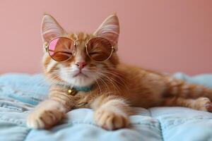 Cool Summer Vibes Ginger Cat Relaxing in Sunglasses on a Cozy Bed photo