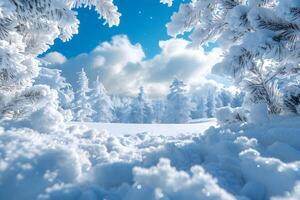 Winter Wonderland Landscape with Snow-Covered Trees and Sunny Sky photo