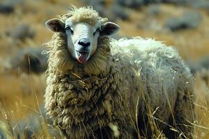 Playful Sheep in Rustic Field Nature and Humorous Farm Life Photography photo