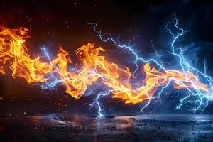 Dynamic Energy Clash Fiery Flames and Electric Sparks in Vibrant Contrast photo