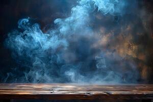 Mystical Smoke Over Wooden Surface for Creative Design and Background Concepts photo