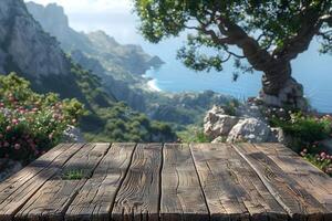 Rustic Wooden Table Overlooking Scenic Coastal Landscape with Lush Greenery photo