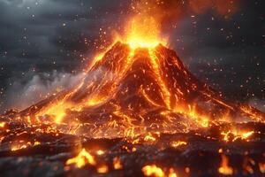 Dramatic Volcanic Eruption with Molten Lava Flow Under Moody Skies photo