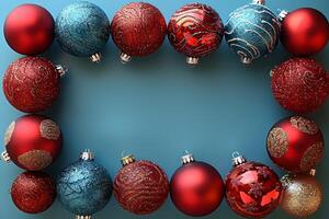 Festive Holiday Frame with Red and Blue Glittery Christmas Ornaments for Seasonal Design photo