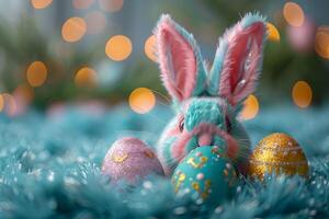 Easter Celebration with a Fluffy Bunny and Decorated Eggs in Festive Setting photo