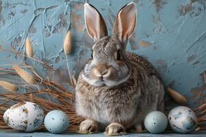 Easter Bunny and Decorated Eggs in Rustic Spring Setting for Holiday Decor Design photo