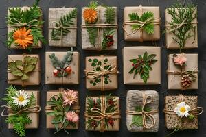 Eco-Friendly Gift Wrapping Ideas with Natural Foliage and Rustic Elements for Christmas and Holidays photo