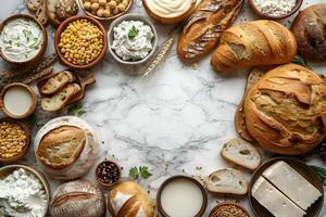 Rustic Bread and Dairy Arrangement on Marble Background for Culinary Design photo