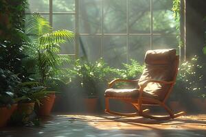 Tranquil Sunlit Conservatory with Rocking Chair Surrounded by Lush Greenery photo