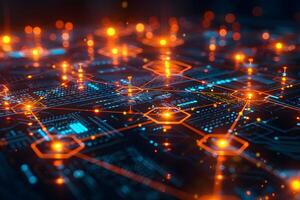 Futuristic Digital Network with Orange Nodes and Circuit Connections photo