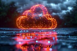 Glowing Digital Cloud with Light Particles in Moody Forest Landscape photo