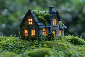 Enchanted Fairy House in Lush Green Forest Setting for Fantasy Themes photo