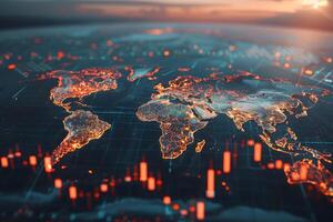 Illuminated Global Map with Data Visualization and Stock Market Trends photo