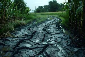 Rural Pathway in Drought Cracked Mud and Cornfields Under Overcast Sky photo