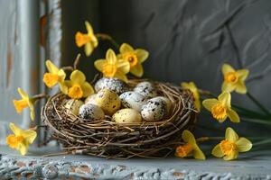 Spring Easter Nest with Quail Eggs and Daffodils for Seasonal Decor and Celebrations photo