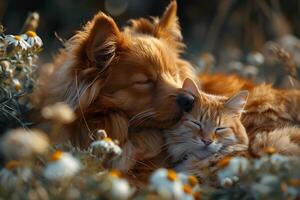 Harmony in Nature Peaceful Dog and Cat Resting in Daisy Field photo