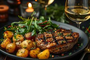 Grilled Steak with Roasted Potatoes and Fresh Salad - Gourmet Dining Experience photo