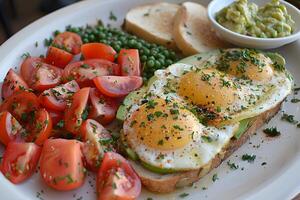Fresh Veggie Breakfast Plate with Avocado Toast and Sunny-Side Eggs photo