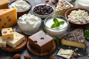 Assorted Dairy Products and Nuts on Rustic Gray Background for Culinary Inspiration photo