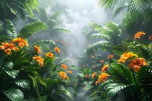 Tropical Paradise with Lush Greenery and Vibrant Orange Flowers in Misty Jungle photo