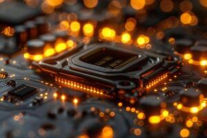 Futuristic Circuit Board with Glowing Microchip Components for Technology Design photo