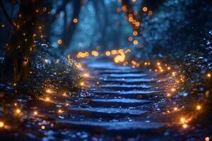 Enchanted Forest Pathway Illuminated by Magical Fairy Lights for Mystical Evening Walks photo