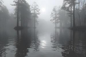 Misty Forest Lake at Dawn - Serene Nature Landscape for Relaxation and Meditation photo