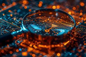 Technology and Innovation Concept Close-Up of Circuit Board Through Magnifying Glass for Tech Design photo
