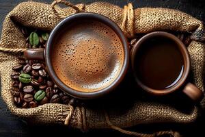 Aromatic Freshly Brewed Coffee with Coffee Beans in Rustic Burlap Sack photo