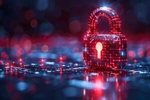 Digital Security Concept with Red Illuminated Lock on Circuit Board Background photo