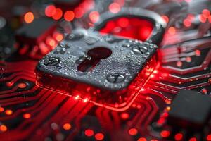 Cybersecurity Concept with Circuit Board and Lock Symbolizing Data Protection photo