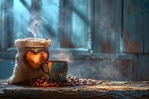 Rustic Morning Coffee Vibes with Heart-Shaped Burlap Design for Cozy Decor and Relaxation photo