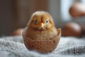 Adorable Baby Chick Emerging from Eggshell in Cozy Setting photo