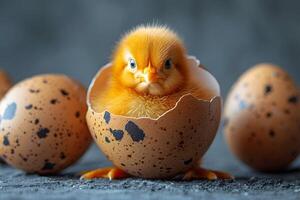 Adorable Baby Chick Emerging from Spotted Eggshell for Easter Celebration Visuals photo