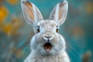 Surprised Rabbit with Open Mouth in Nature Setting - Perfect for Spring or Easter Themes photo