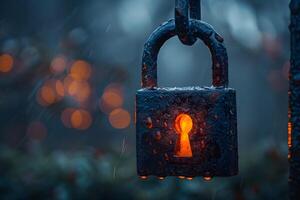 Mysterious Rainy Night with Glowing Padlock - Enigma and Security Concept for Posters photo