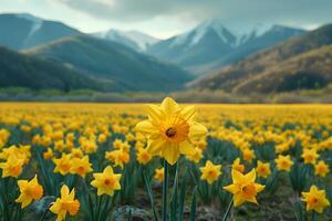 Springtime Daffodil Field with Snow-Capped Mountain Backdrop for Nature Photography Prints photo