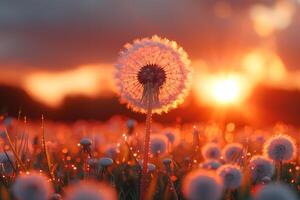 Serene Sunrise Over a Field of Dandelions - Nature s Tranquil Beauty for Inspirational Designs photo