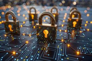 Digital Security Concept with Locks on Circuit Board for Cyber Protection photo