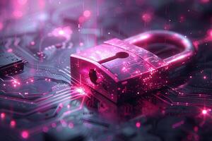Digital Security Concept Futuristic Pink Padlock on Circuit Board for Technology Design photo