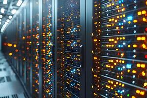 Advanced Data Center Infrastructure with Illuminated Server Racks photo