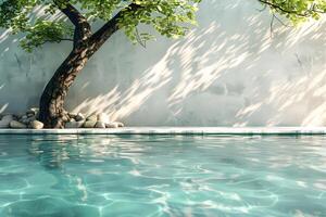 Serene Poolside Scene with Sunlit Tree and Tranquil Water Reflection photo